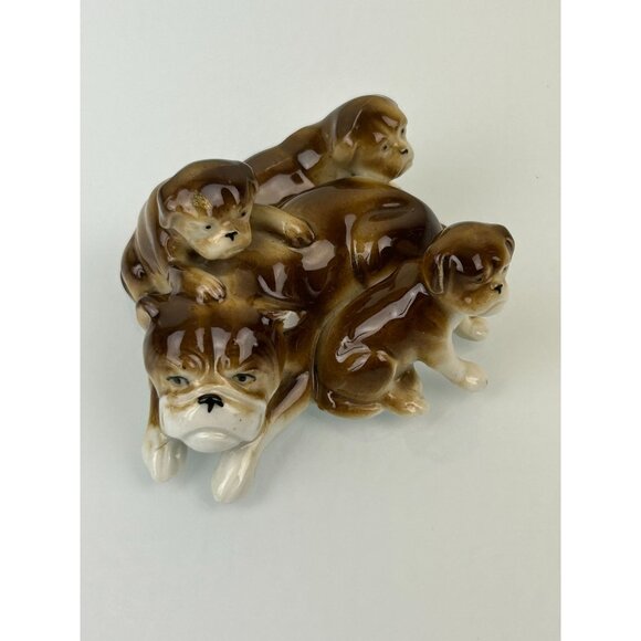 Vintage Ceramic Bulldog & Puppies Figure Brown Dogs Flaw Chipped Ear Home Decor - Picture 12 of 12